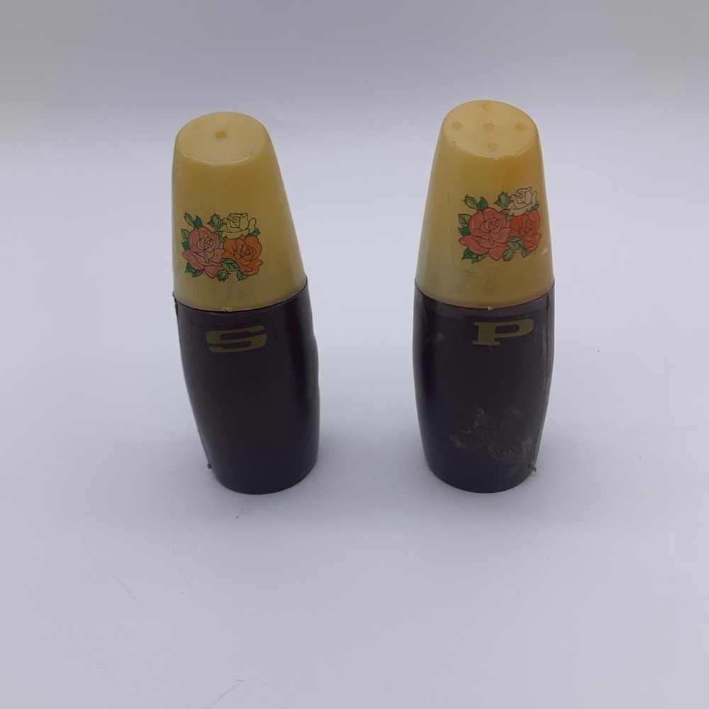 MCM Vintage Brown Plastic Salt & Pepper Shakers With Floral Decals & Stoppers